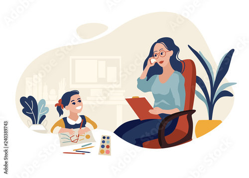 Working mother with daughter flat vector illustration