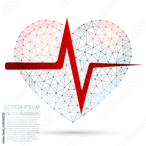Polygonal heart abstract image, isolated on black background. Vector dental and orthodontics concept illustration. Low poly wireframe, geometry triangle, lines, dots, polygons, shapes
