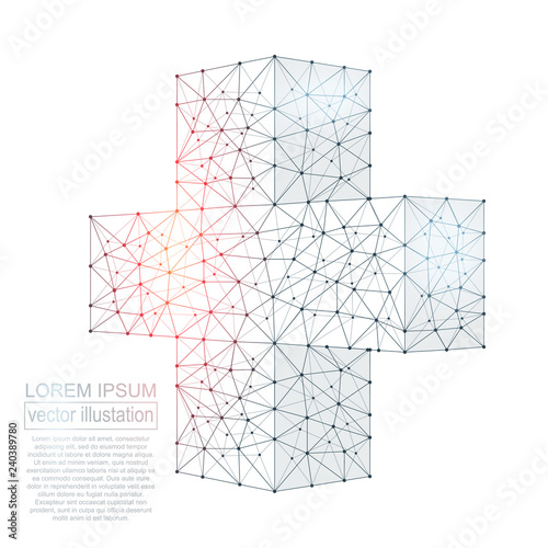 Polygonal medical cross abstract image, isolated on black background. Tech health care innovation concept. Vector dental and orthodontics concept illustration.