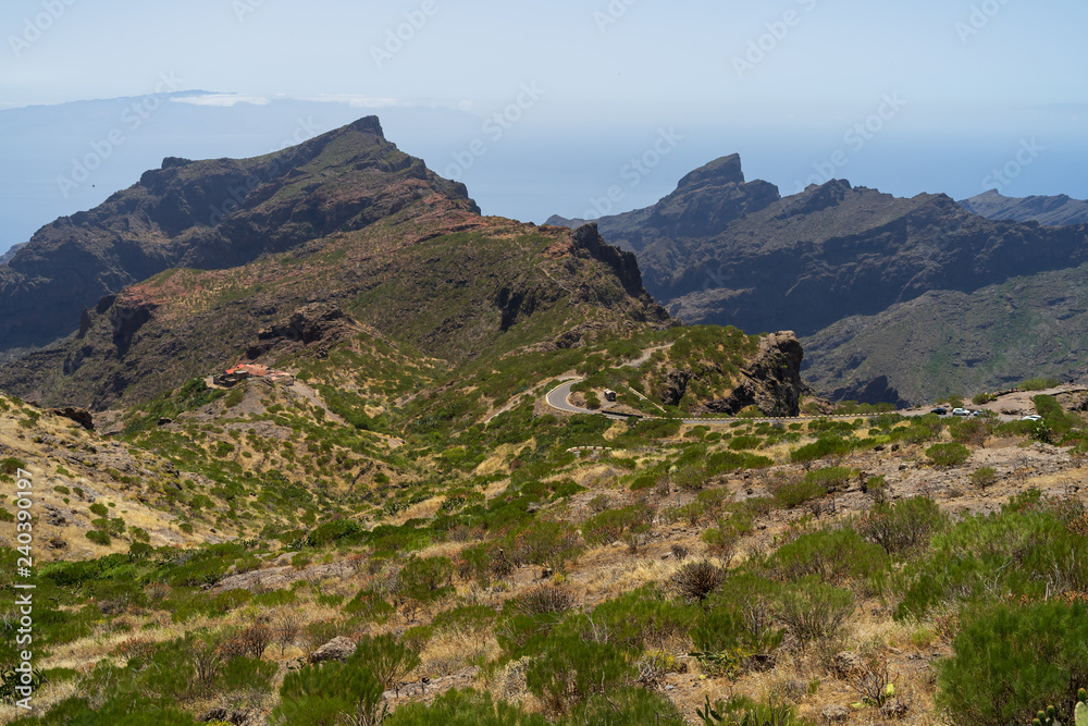 View of the Macizo de Teno mountains, Masca Gorge and mountain road to the village of Maska. Tenerife. Canary Islands. Spain. View from the viewpoint - Mirador De Cherfe.