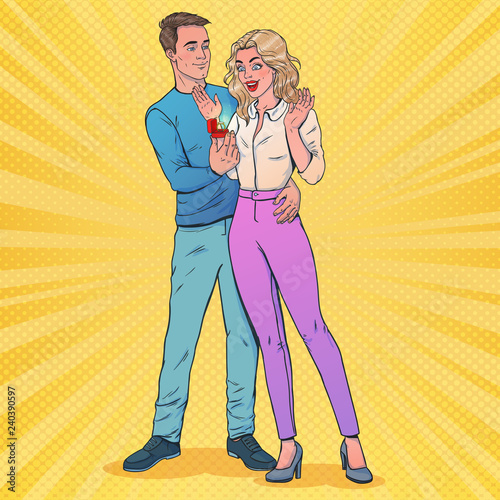 Couple in pop art style. Man present woman a ring. Man and Woman in love. Vector illustration. Love theme.