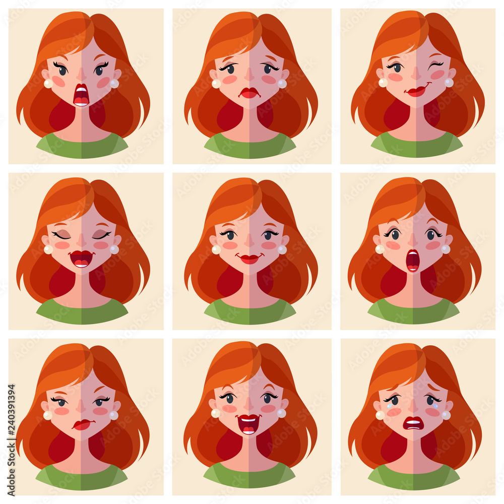 Avatars emotions. Set a woman with a variety of emotions. Female face with different expressions. Woman in flat design. Cartoon character. Vector illustration. Girl Avatar. Avatars emotions. Set a woman with a variety of emotions. Female face with different expressions. Woman in flat design. Cartoon character. Vector illustration. Girl Avatar.
