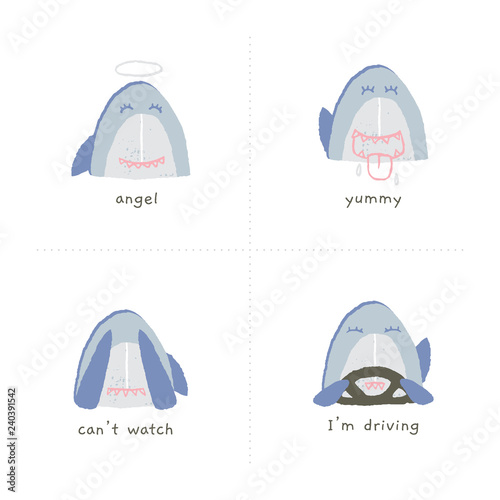 Set of vector hand drawn emoji. Funny shark smiles shows his tongue.