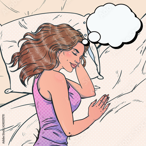Young woman sleeping in her bed. Vector illustration in pop art style.