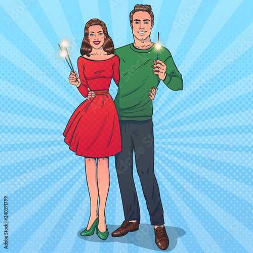 Man and woman holding in hands sparklers. Couple hugs and smiles. Vector illustration in pop art style. New Year theme.