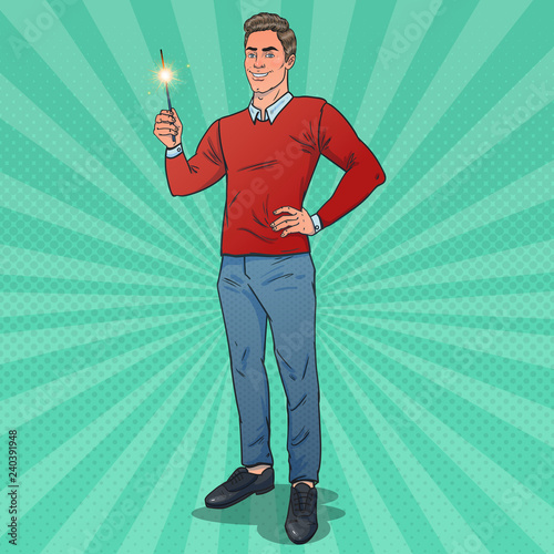 Man holding bengal fire in hand. Looks at us and smiling. Vector illustration in pop art style. New Year theme. 