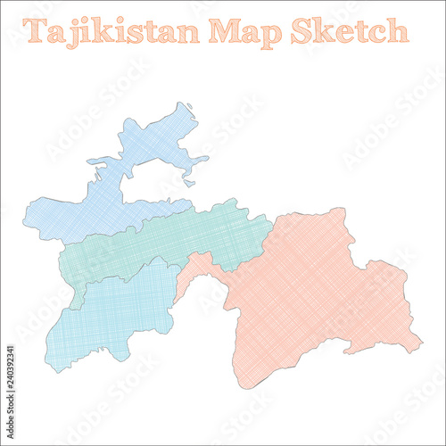 Tajikistan map. Hand-drawn country. Delightful sketchy Tajikistan map with regions. Vector illustration.