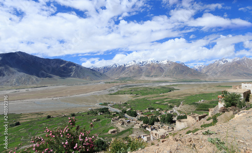 Karsha village, Zanskar landscape view with Himalaya mountains covered with snow and blue sky in Jammu & Kashmir, India, photo