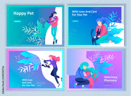 Set of Landing Page Templates with Vector Symbol. Happy people with their pets, a cat loves its owners, care and love, a pet shop and a veterinary pharmacy. Animal Day and adoption. Vector