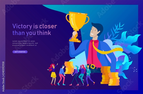 Business Team Success hold Golden winner cup, concept of people are happy with victory. Office Workers Celebrating with Big Trophy, ways goals, first place in business, financial growth. Landing page