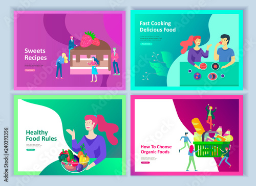 Landing page templates with people who prepare healthy organic food, simple recipes, how to choose products in the supermarket, food delivery and fast food. Culinary blog or diet concept