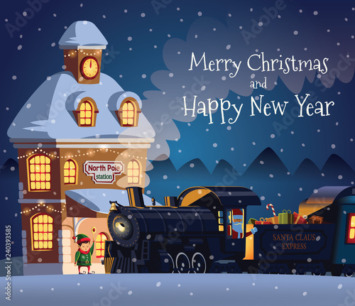 Santa Claus express train on polar station ready for departure