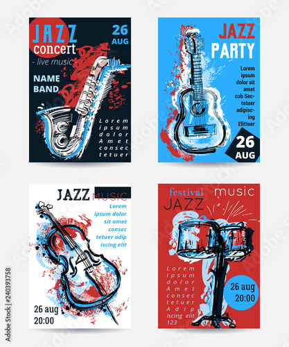 Jazz music party with musical instruments. Saxophone, guitar, cello, drum kit with grunge watercolor splashes. Design template for invitation, card, poster, placard and flyer. Vector illustration