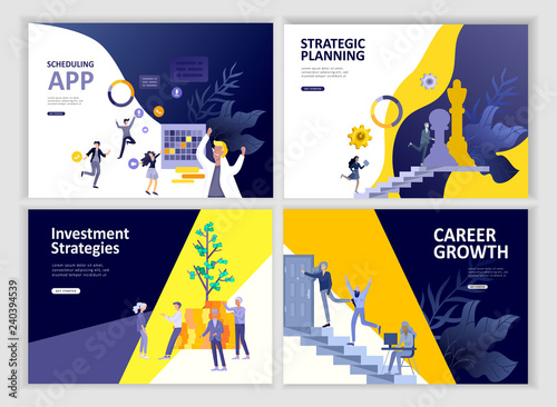 Set Landing page template people business scheduling app, strategic planning merger, investment strategies, career growth, research and development. Vector illustration concept website mobile