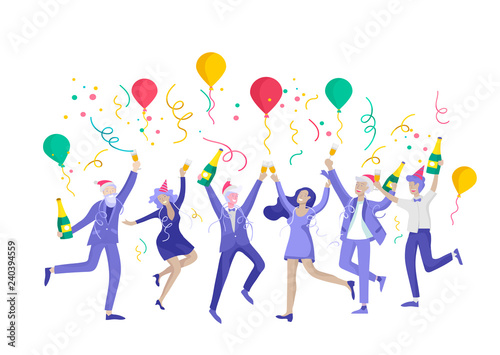 card winter Holidays corporate Party. Merry Christmas and Happy New Year Website with People Characters. Company of young friends or colleagues celebrates