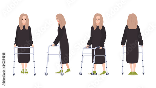 Happy young woman with walking frame or walker isolated on white background