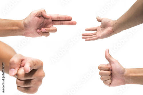 Multiple Male Hand Gestures isolated over white background.Hand with pointing finger, thumbs up.