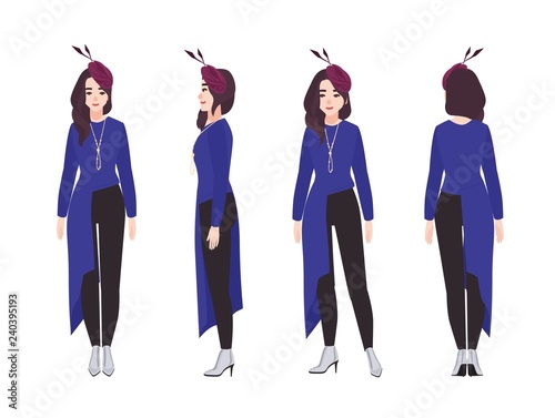 Pretty young woman in evening outfit isolated on white background. Elegant girl dressed for occasion, party or celebratory event. Front, side, back views. Vector illustration in flat cartoon style.