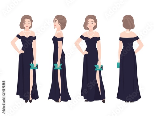 Beautiful woman with elegant hairstyle wearing long off-shoulder evening dres...