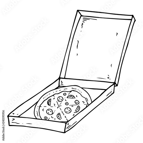 Pizza box icon. Vector illustration of pizza in box. Hand drawn pizza. Open box with delicious pizza.
