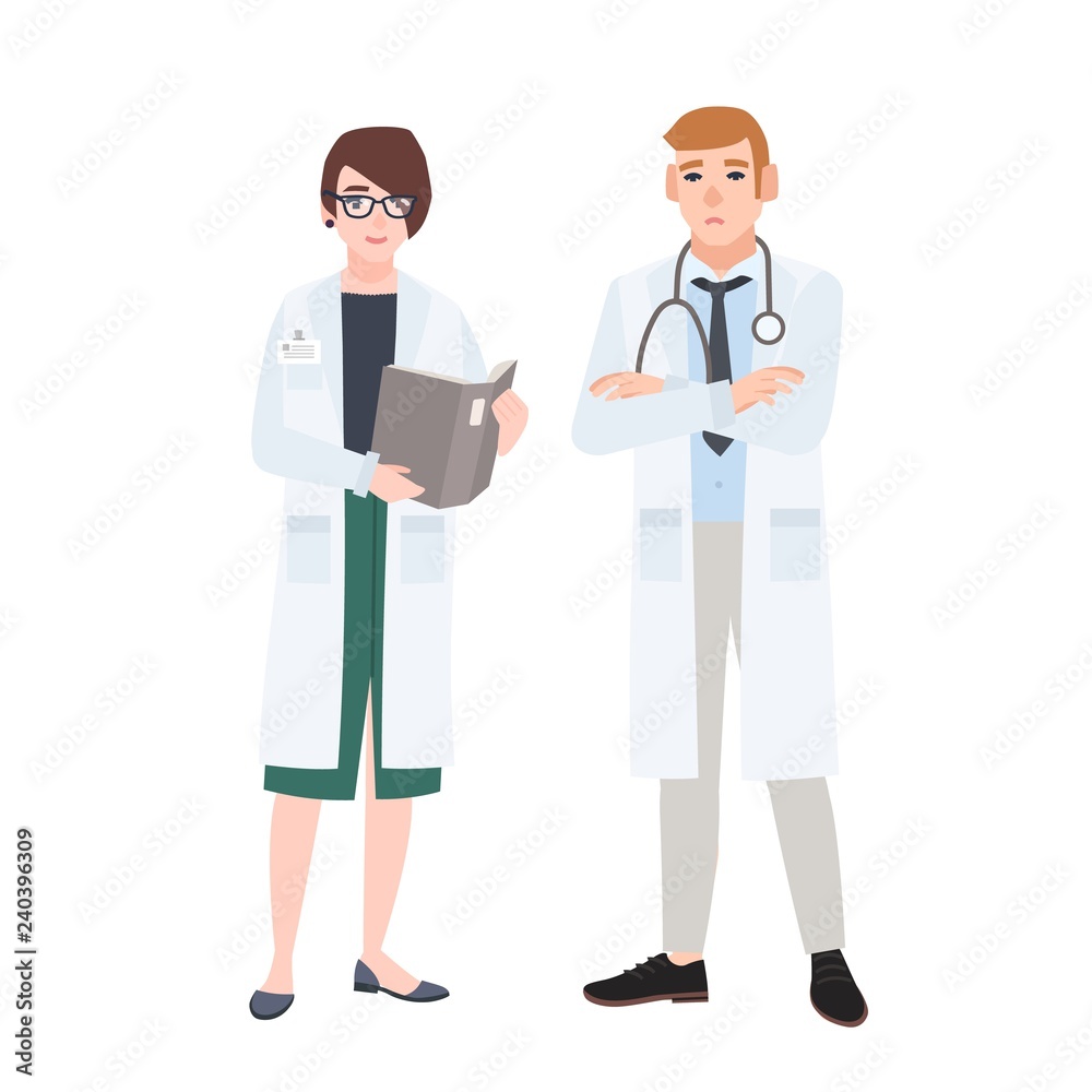 Male and female doctors wearing white coats talking to each other. Conversation or discussion between man and woman medical practitioners or physicians. Flat cartoon colorful vector illustration.