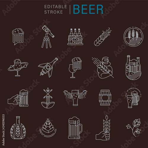 Vector icon and logo beer and brewery. Editable outline stroke size. Line flat contour, thin and linear design. Simple icons. Concept illustration. Sign, symbol, element.