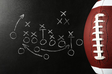 Chalkboard with football game scheme and rugby ball, top view