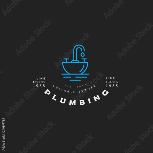 Vector icon and logo of plumbing. Editable outline stroke size. Line flat contour, thin and linear design. Simple icons. Concept illustration. Sign, symbol, element.