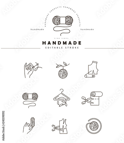 Vector icon and logo sewing and handmade. Editable outline stroke size. Line flat contour, thin and linear design. Simple icons. Concept illustration. Sign, symbol, element.