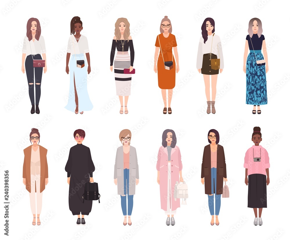 Vetor do Stock: Bundle of pretty women dressed in modern fashionable clothes  isolated on white background. Set of girls wearing trendy casual apparel.  Collection of street style outfits. Cartoon vector illustration.