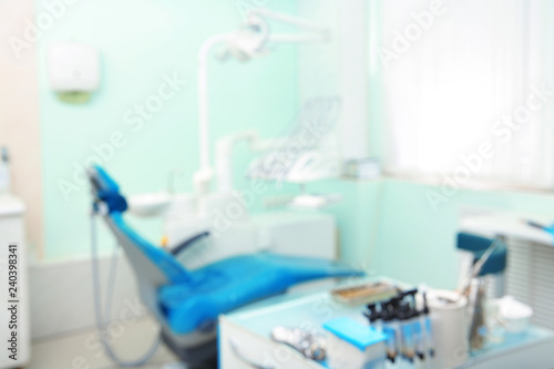 Blurred view of dentist s office with chair and professional equipment