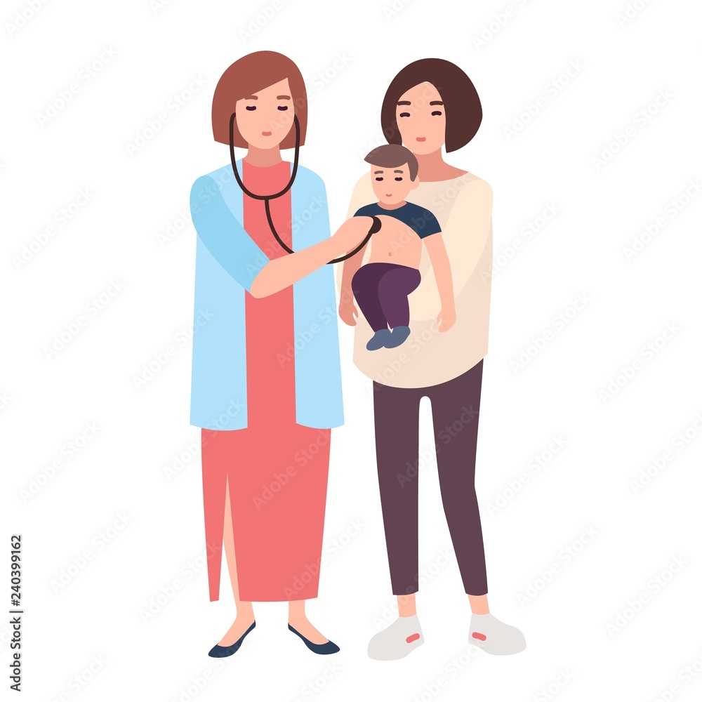 Female doctor, medical adviser or pediatrician listening with stethoscope heart beat of little boy held by his mom. Visit to clinic or hospital. Colorful vector illustration in flat cartoon style.