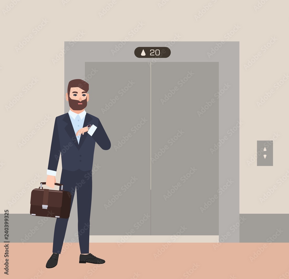 Hurrying bearded man, businessman or office worker dressed in suit standing in front of closed doors of elevator and looking at his wristwatch. Colorful vector illustration in flat cartoon style.