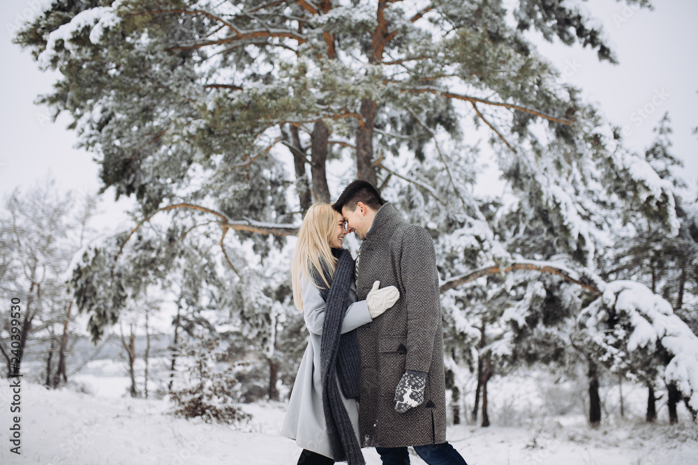 A young beautiful couple is walking in the winter park, hugging and having fun. A young beautiful couple is walking in the winter park, hugging and having fun.