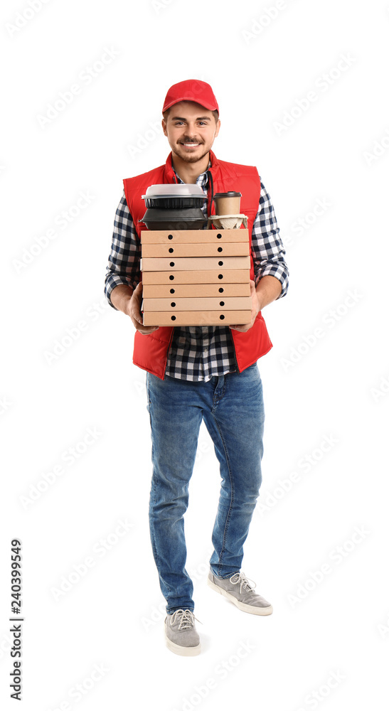 Young courier with different containers on white background. Food delivery service Young courier with different containers on white background. Food delivery service