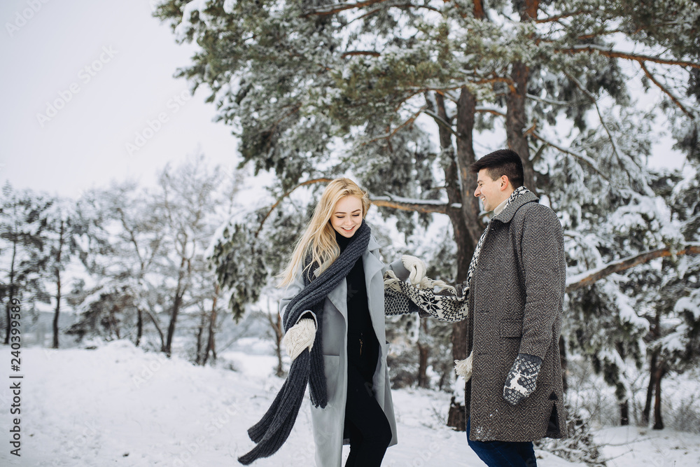 A young beautiful couple is walking in the winter park, hugging and having fun. A young beautiful couple is walking in the winter park, hugging and having fun.