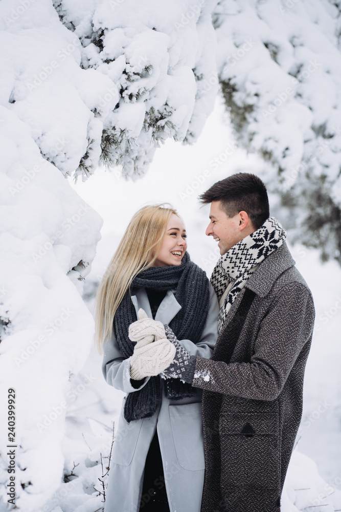 Love story in the winter forest. Valentine's Day concept Love story in the winter forest. Valentine's Day concept