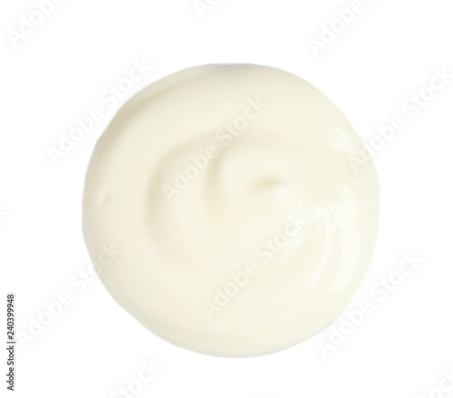 Delicious sour cream on white background, top view. Dairy product