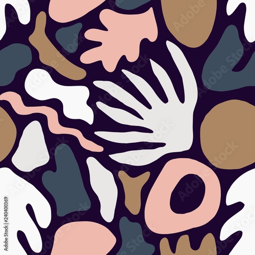 Trendy seamless pattern with unusual pink and brown nature shapes or marks on dark background. Creative bright colored vector backdrop in flat style for wrapping paper, wallpaper, fabric print.