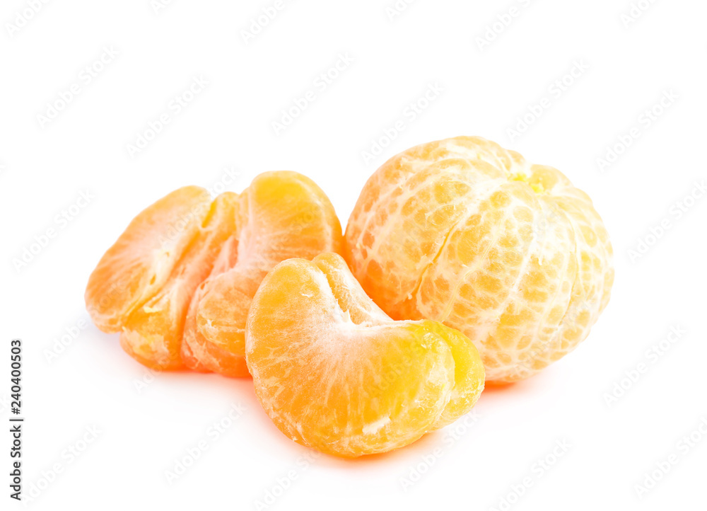 Peeled ripe tangerines on white background. Citrus fruit Peeled ripe tangerines on white background. Citrus fruit