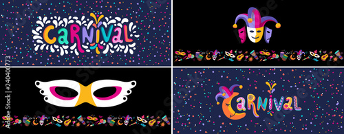 Vector Carnival colorful flyers set, banners, posters, invitation. Collection Festive party tickets design template