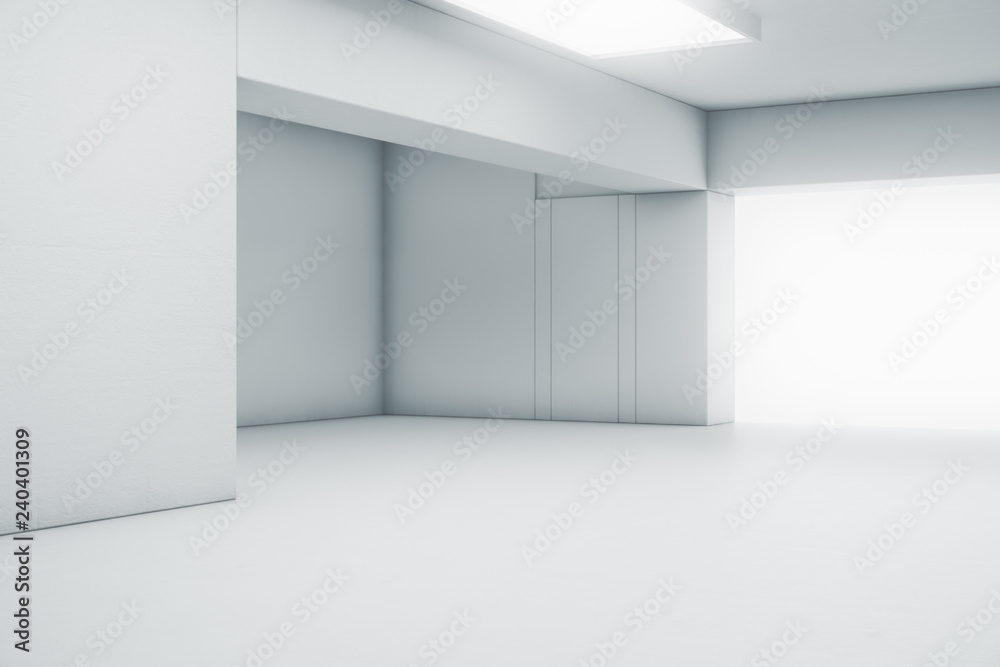 Empty abstract white room with the gate and glowing light. Interior concept background. 3d illustration Empty abstract white room with the gate and glowing light. Interior concept background. 3d illustration