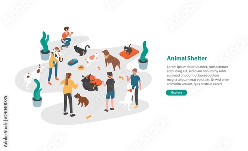 Web banner template with people or volunteers feeding pets and playing with them in animal shelter, pound, rehabilitation or adoption center for cats and dogs. Colorful isometric vector illustration.