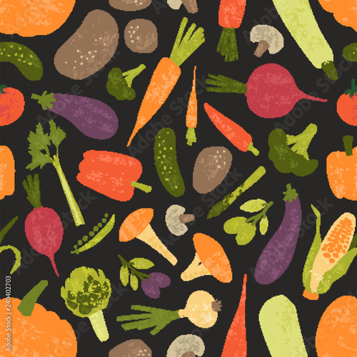 Seamless pattern with fresh tasty vegetables and mushrooms on black background