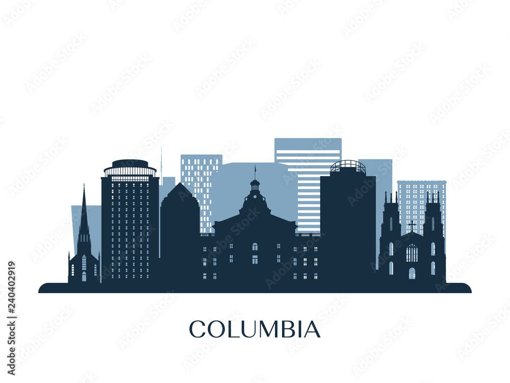 Columbia skyline, monochrome silhouette. Vector illustration.