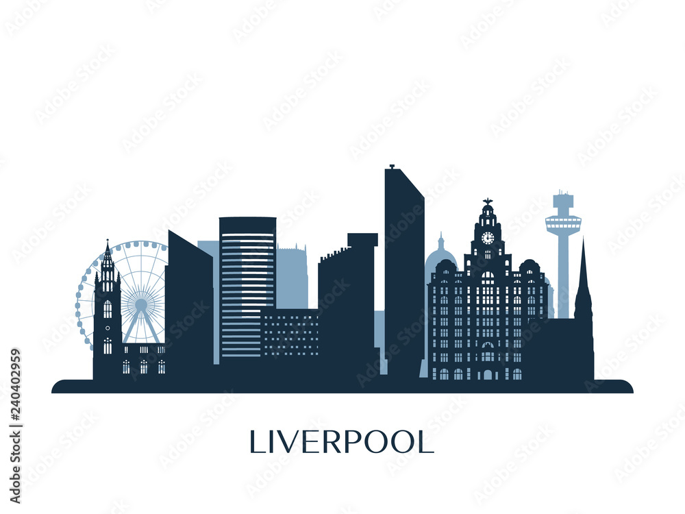Liverpool skyline, monochrome silhouette. Vector illustration.