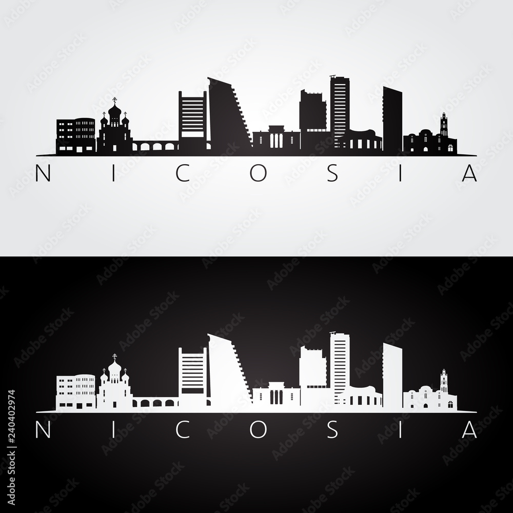 Nicosia skyline and landmarks silhouette, black and white design, vector illustration.