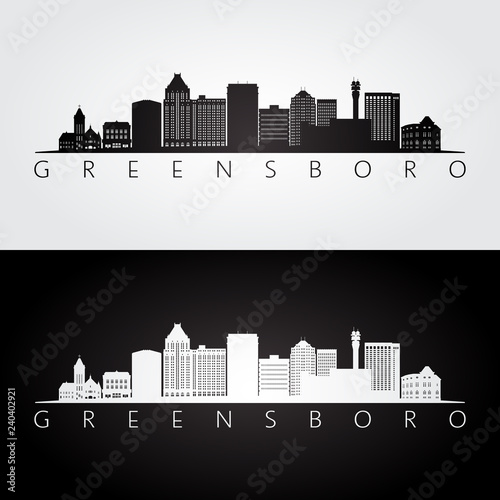Greensboro USA skyline and landmarks silhouette, black and white design, vector illustration.