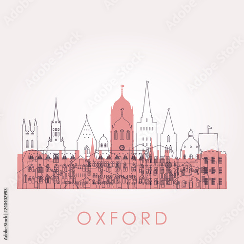 Outline Oxford skyline with landmarks. Vector illustration. Business travel and tourism concept with historic buildings. Image for presentation, banner, placard and web site.
