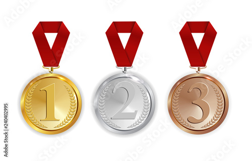 Champion Gold, Silver and Bronze Medal with Red Ribbon Icon Sign First, Secondand Third Place Collection Set Isolated on White Background. Vector Illustration